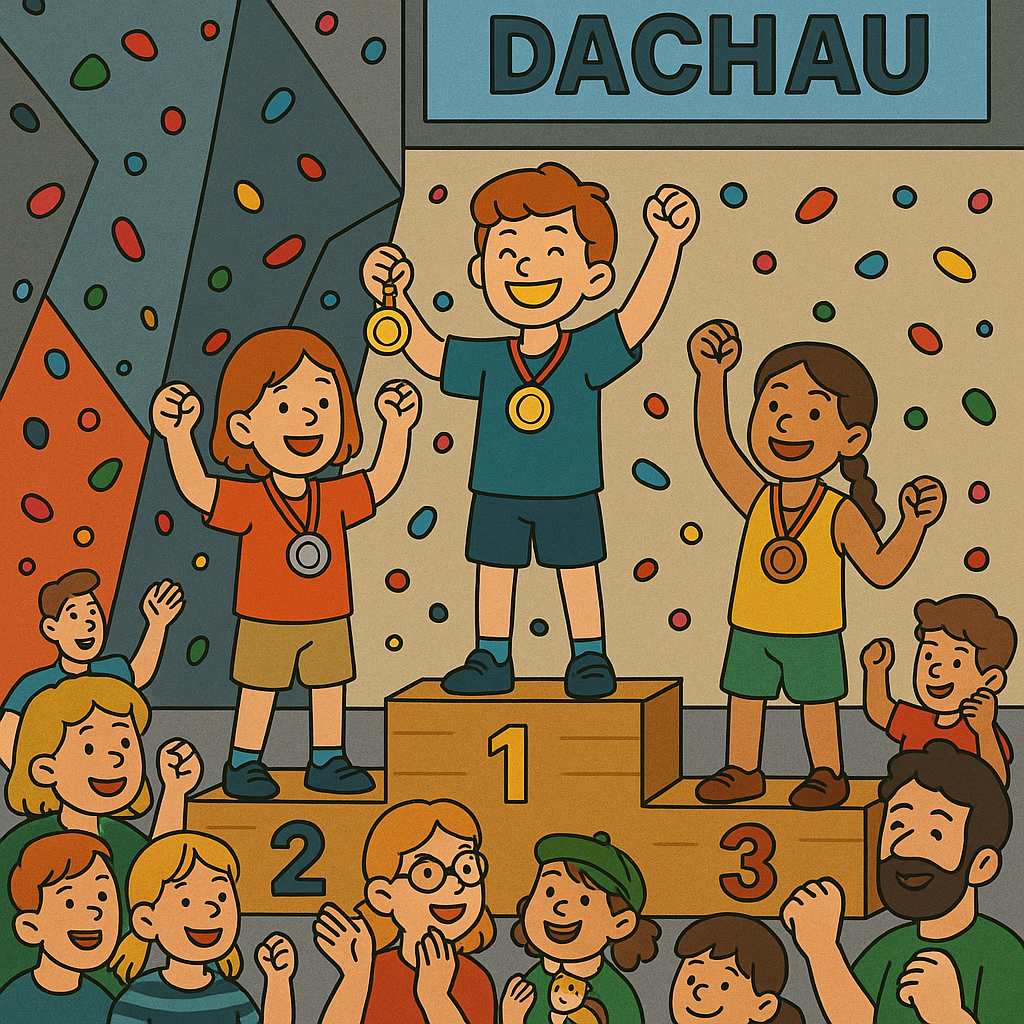 Drei Kinder stehen freudestrahlend auf einem Podest vor einer Wettkampfkletterwand, das Kind auf Platz 1 trägt eine Goldmedaille, die anderen eine silberne bzw. bronzene Medaille. Im Hintergrund jubeln weitere Kinder und Zuschauer.