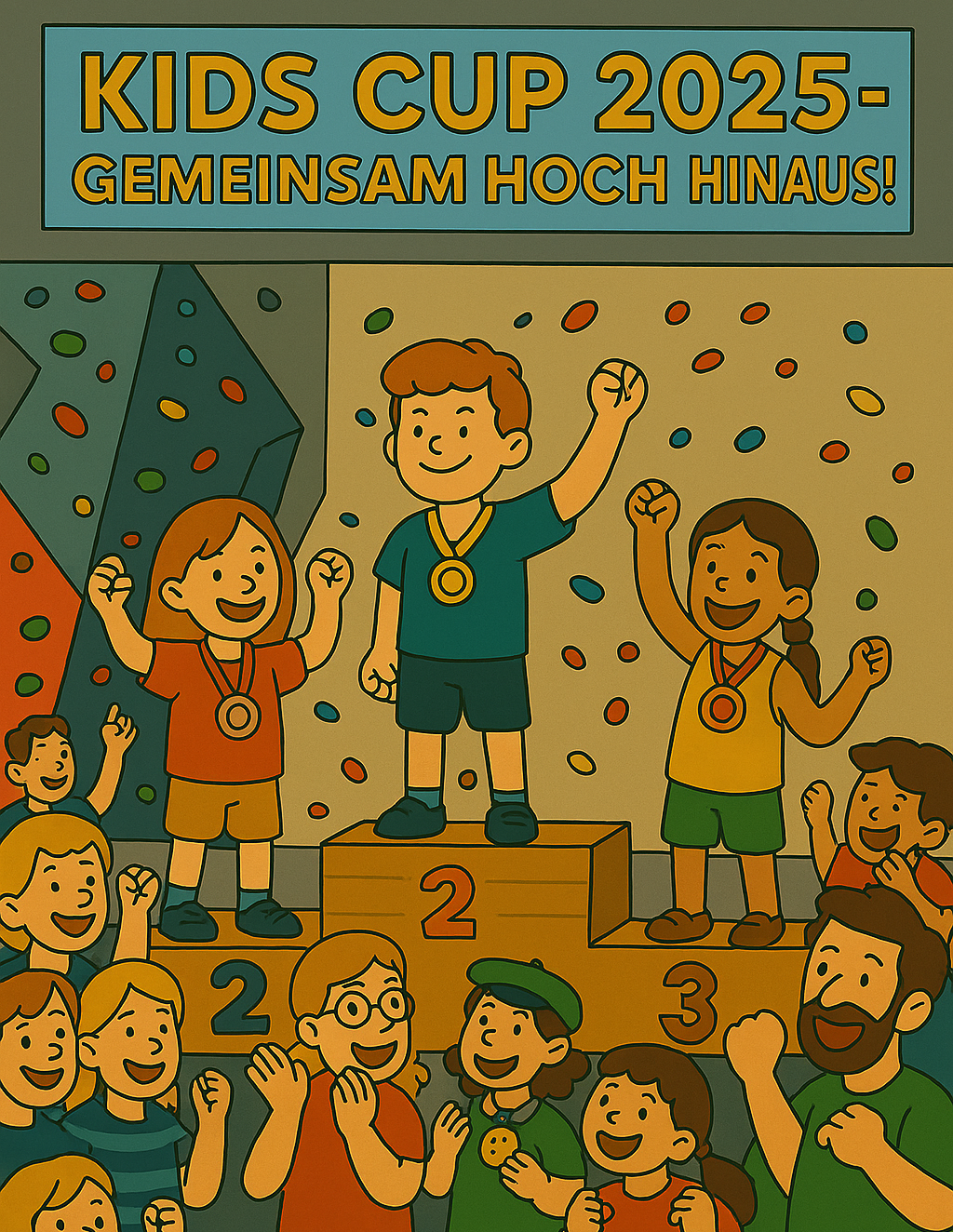 Drei Kinder stehen freudestrahlend auf einem Podest vor einer Wettkampfkletterwand, das Kind auf Platz 1 trägt eine Goldmedaille, die anderen eine silberne bzw. bronzene Medaille. Im Hintergrund jubeln weitere Kinder und Zuschauer.