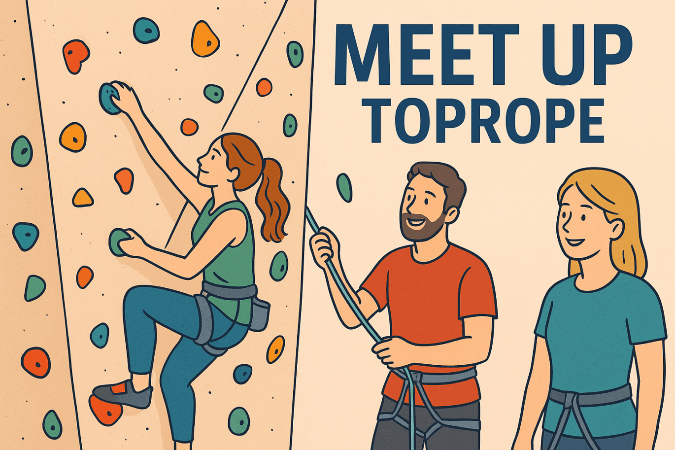 Gezeichnete Szene: Eine Kletterin steigt eine Indoor-Kletterwand hinauf, ein Kletterer sichert sie, eine weitere Person schaut zu. Daneben der Text „Meet Up Toprope“.