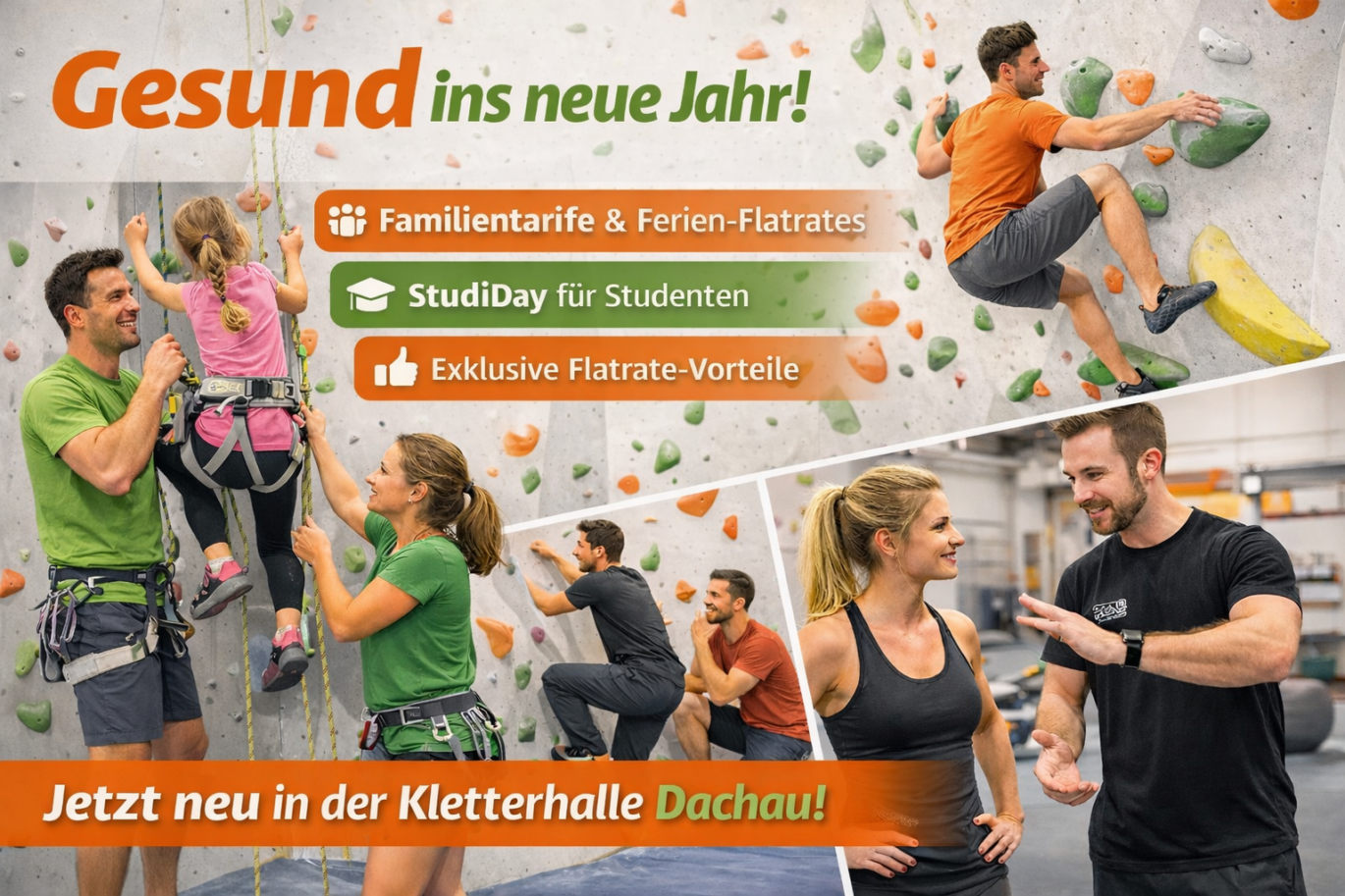 Familien, Studierende und Erwachsene beim Klettern und Bouldern in der Kletterhalle Dachau zum Start ins neue Jahr